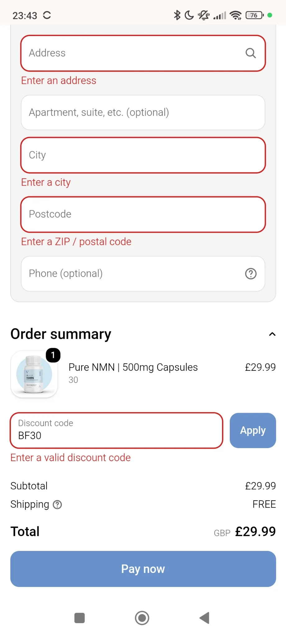 VivaNMN checkout showing BF30 discount code rejected as invalid
