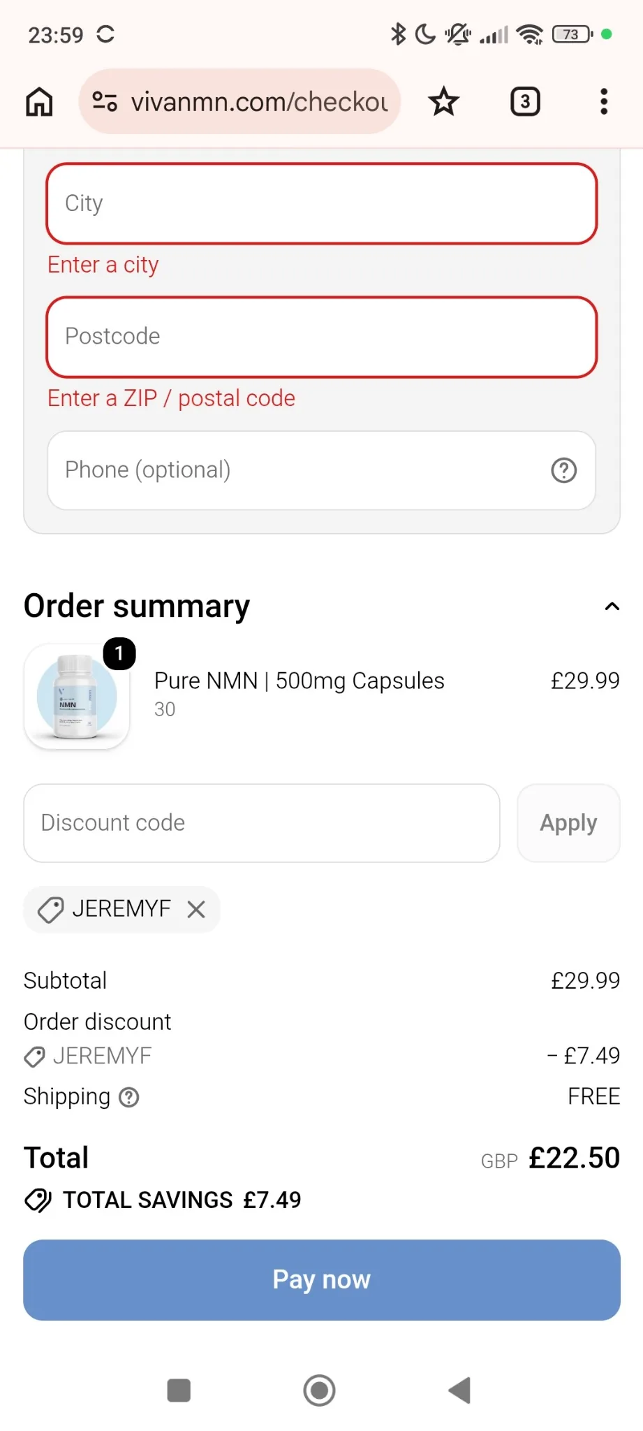 VivaNMN checkout showing JEREMYF discount code applied successfully with £7.49 savings