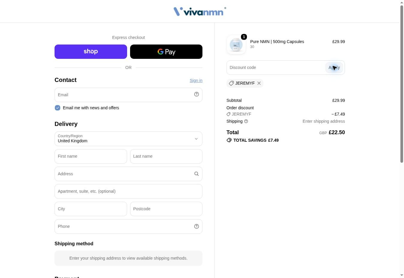 VivaNMN guest checkout on 16 September 2026: JEREMYF accepted, £7.49 discount and £22.50 total before shipping confirmation