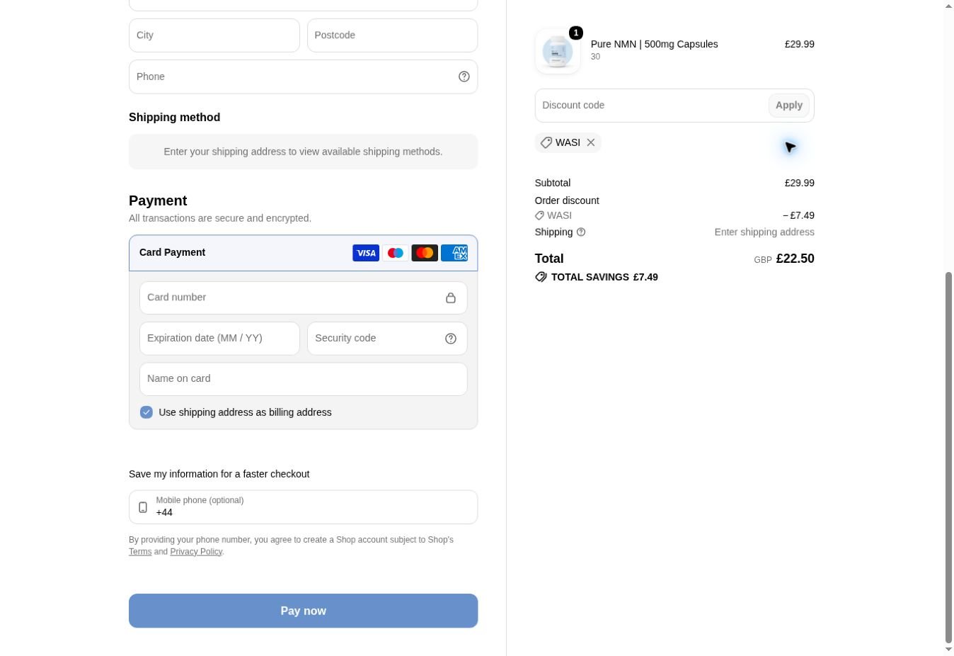 VivaNMN guest checkout on 16 September 2026: WASI accepted, £7.49 discount and £22.50 total before shipping confirmation